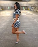 Fashionable Houndstooth Short-Sleeve Top and Shorts Set RS-3076