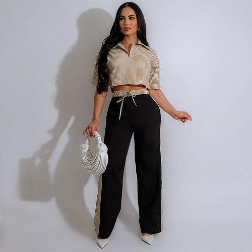 2026 Casual Loose-Fit Striped Shirt and Straight-Leg Pants Set SSN-211465
