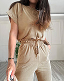 Solid-Color Crew-Neck Short-Sleeve Top and High-Waisted Wide-Leg Pants Set SSN-211408