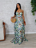 Fashionable Leaf-Print Bohemian Off-the-Shoulder Strapless Floor-Length Dress SFY-TW833