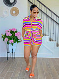 Casual Striped Collared Cardigan Short-Sleeve Shirt and Shorts Two-Piece Set SSN-211549