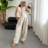 Casual Loose-Fitting 100% Cotton Sleeveless Tie-Front Top and Long Pants Set SSN-211499