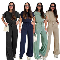 Solid-Color Crew-Neck Short-Sleeve Top and High-Waisted Wide-Leg Pants Set SSN-211408
