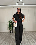 Solid-Color Crew-Neck Short-Sleeve Top and High-Waisted Wide-Leg Pants Set SSN-211408