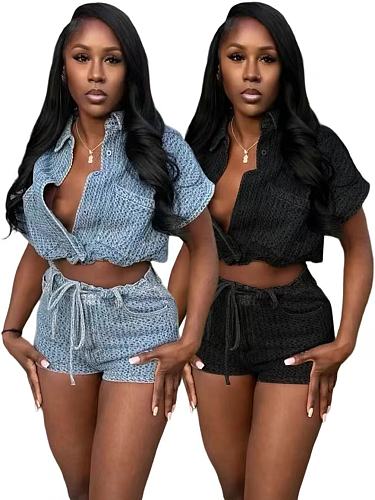 Casual Fashion Vest Shorts Denim Two-Piece Set YUNM-57005