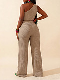 Skew Collar Single Shoulder Tight Crop Top Midriff Wide-leg Pants Set RS-708