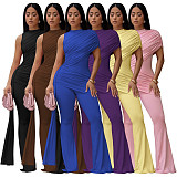 Summer Slim-Fit Jumpsuit Crew Neck Single-Shoulder Pleats and Flowing Sash YF-11025