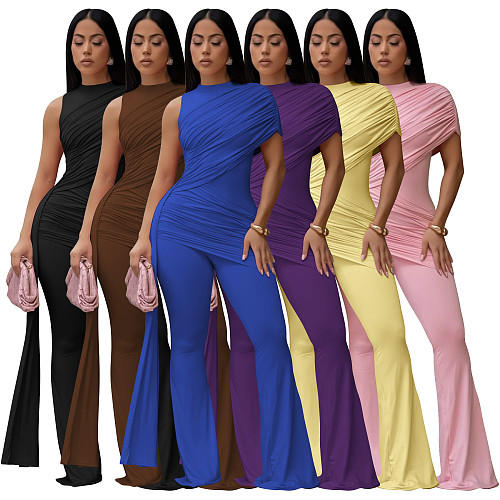 Summer Slim-Fit Jumpsuit Crew Neck Single-Shoulder Pleats and Flowing Sash YF-11025