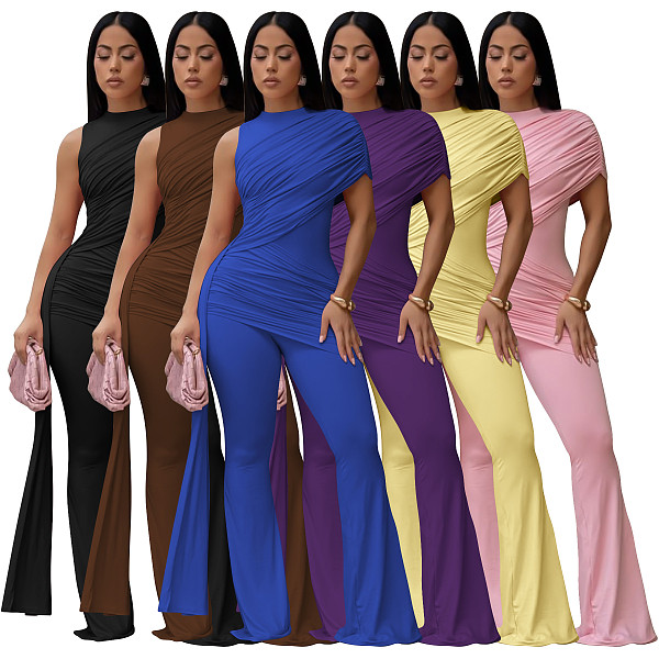 Summer Slim-Fit Jumpsuit Crew Neck Single-Shoulder Pleats and Flowing Sash YF-11025