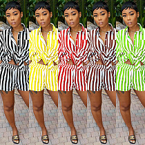 Striped Print Turn Down Collar Shirt Shorts Outfits WSY-5963