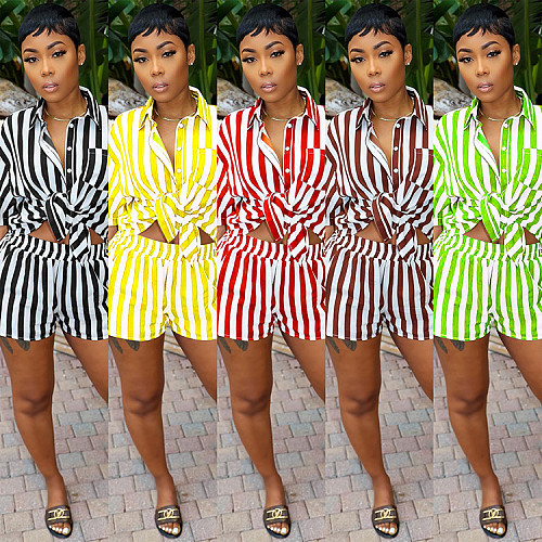 Striped Print Turn Down Collar Shirt Shorts Outfits WSY-5963