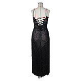 Sexy Cutout Knitted Beach Dress With Drawstring Waist and Tassels ZSC-0347