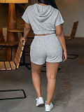 Casual Solid-Color Two-Piece Set Short-Sleeve Hoodie & Drawstring Shorts HANI-309