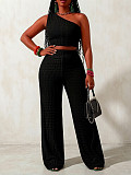 Skew Collar Single Shoulder Tight Crop Top Midriff Wide-leg Pants Set RS-708
