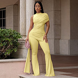 Summer Slim-Fit Jumpsuit Crew Neck Single-Shoulder Pleats and Flowing Sash YF-11025