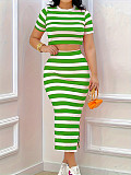 Casual Striped Short Sleeved Top Maxi Dress Set For Women RS-566