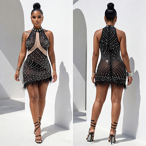 Sexy Mesh Rhinestone and Beaded Bodycon Dress BY-7703