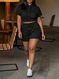 Casual Solid-Color Two-Piece Set Short-Sleeve Hoodie & Drawstring Shorts HANI-309