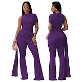Summer Slim-Fit Jumpsuit Crew Neck Single-Shoulder Pleats and Flowing Sash YF-11025