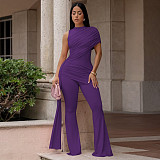Summer Slim-Fit Jumpsuit Crew Neck Single-Shoulder Pleats and Flowing Sash YF-11025