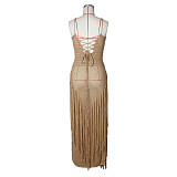 Sexy Cutout Knitted Beach Dress With Drawstring Waist and Tassels ZSC-0347