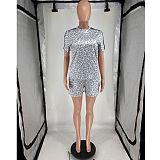Casual Two-Piece Set Short-Sleeve Top & Shorts With Leopard Print and Polka Dots FOS-8833