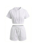 Casual Solid-Color Two-Piece Set Short-Sleeve Hoodie & Drawstring Shorts HANI-309