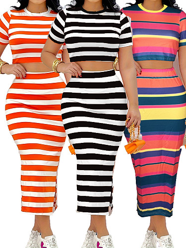 Casual Striped Short Sleeved Top Maxi Dress Set For Women RS-566