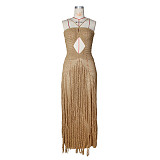 Sexy Cutout Knitted Beach Dress With Drawstring Waist and Tassels ZSC-0347