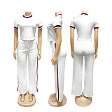 Fashionable Two-Piece Set With Ribbed Color Blocking Short-Sleeve and Loose Fit Trousers PMR-TW825