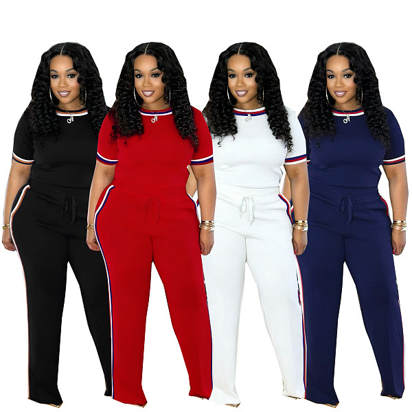 Fashionable Two-Piece Set With Ribbed Color Blocking Short-Sleeve and Loose Fit Trousers PMR-TW825