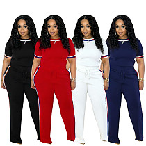 Fashionable Two-Piece Set With Ribbed Color Blocking Short-Sleeve and Loose Fit Trousers PMR-TW825 Fashionable Two-Piece Set With Ribbed Color Blocking Short-Sleeve and Loose Fit Trousers PMR-TW825