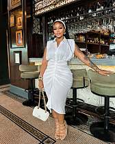 Casual Sleeveless Single-Breasted Midi Dress With Pleated Waist QZ-6770