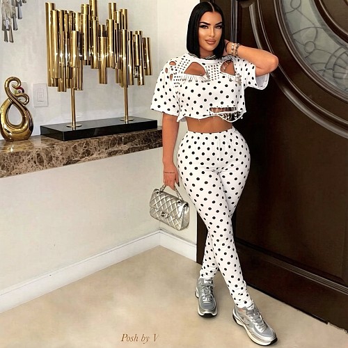 Stylish Printed Crew-Neck Distressed Crop Top & Pants Two-Piece Set With Pin Details YNS-8032