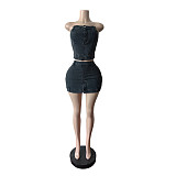 New Sexy Stretchy Denim Set Strapless Top and Mini Skirt MEM-88699