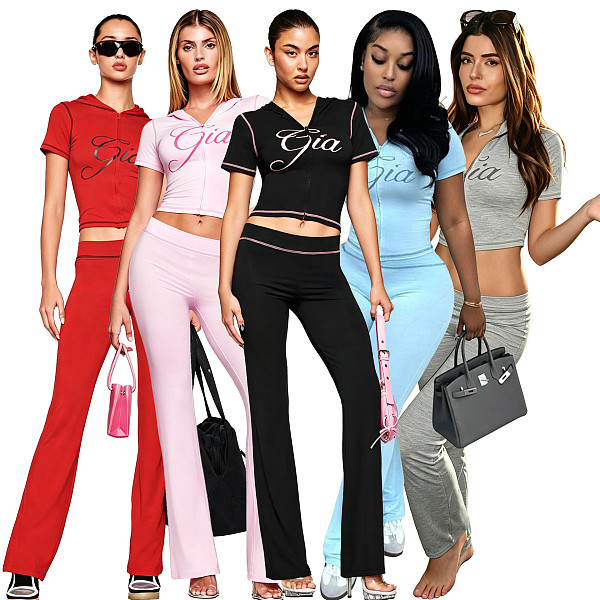 Stylish Sporty-Casual Short-Sleeve Top and Flared Pants Set FOS-8830