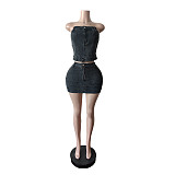New Sexy Stretchy Denim Set Strapless Top and Mini Skirt MEM-88699