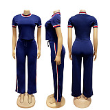 Fashionable Two-Piece Set With Ribbed Color Blocking Short-Sleeve and Loose Fit Trousers PMR-TW825