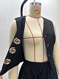 Stylish Sleeveless Vest & V-Neck Button-Down Top With Long Skirt  Two-Piece Set QZ-6731