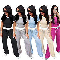 Casual Round Neck Contrast Color Short Sleeve Wide Leg Pants Sports Suit