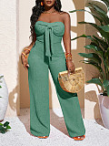 Vacation-Style Textured Strapless Wide-Leg Jumpsuit With Bow Detail HANI-029