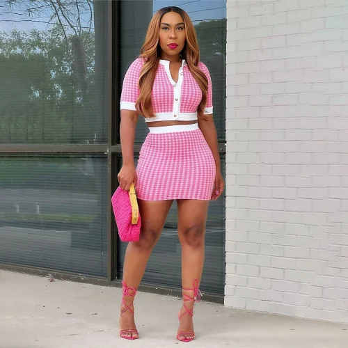Summer Houndstooth Short-Sleeve Top and Fitted Mini-Skirt Set RS-9336