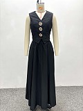 Stylish Sleeveless Vest & V-Neck Button-Down Top With Long Skirt  Two-Piece Set QZ-6731