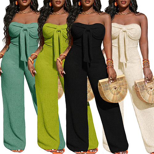 Vacation-Style Textured Strapless Wide-Leg Jumpsuit With Bow Detail HANI-029