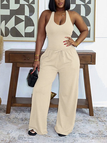 Sexy Halter-Neck Slim-Fit Tank Top & Drawstring Wide-Leg Pants Casual Sportswear Set HANI-033