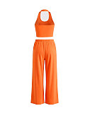 Sexy Halter-Neck Slim-Fit Tank Top & Drawstring Wide-Leg Pants Casual Sportswear Set HANI-033