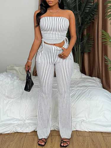 Striped Sexy Backless Lace-up Top Vest And Long Pants Set RS-YY122