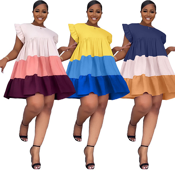 Summer Collection Crew Neck Ruffled Sleeve Color-Block Flared Loose-Fit Dress RS-S861