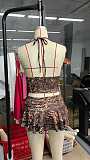 Sexy Two-piece Women Halter Backless Leopard Print Blouse Low-waist Skirt Set RS-YY76