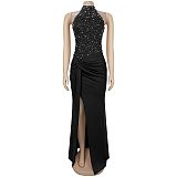 Sexy Off-Shoulder Rhinestone & Pearl-Embellished Slit Dress BY-7706